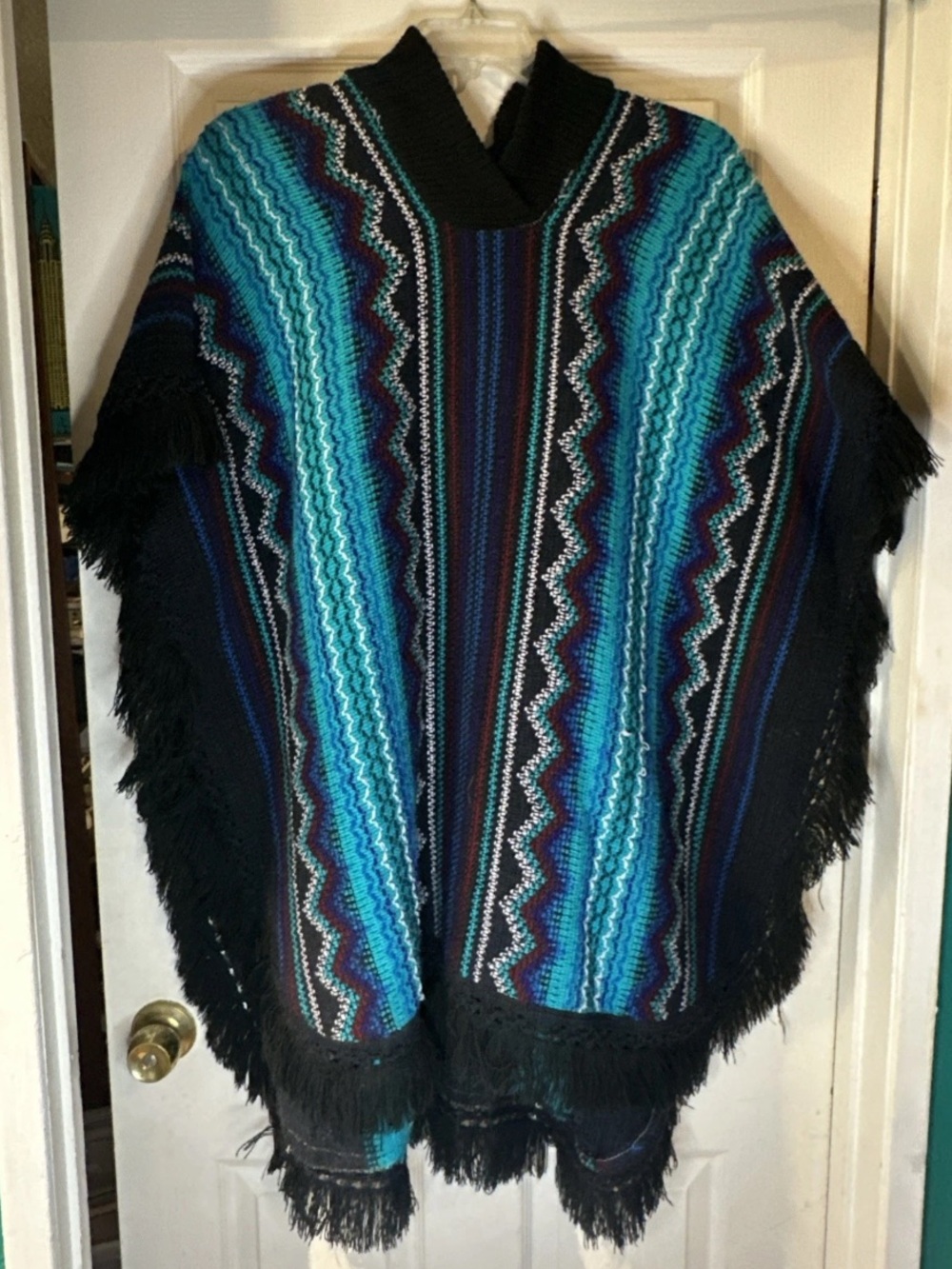 Womens One Size Boho Fringe Poncho in Teal and Black